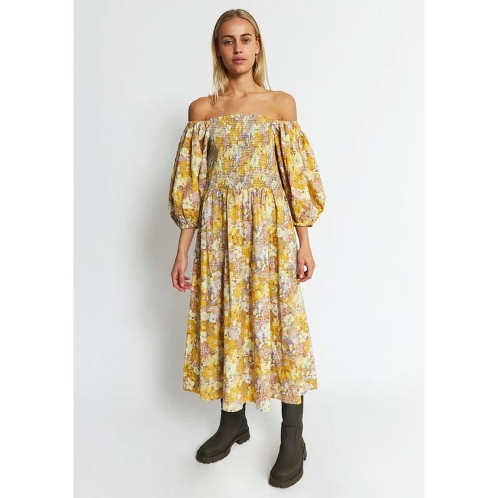 Stella Nova Yellow Flower Field Penny Cotton Puff Sleeve Smocked Dress